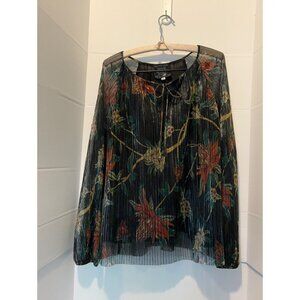 JOHNNY WAS  Boho Floral 100% SILK Pleated Blouse Top Black Multicolor Peasant Bo